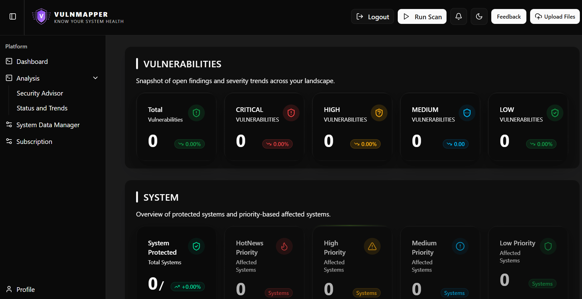 VulnMapper dashboard with vulnerability and system summary cards in dark mode