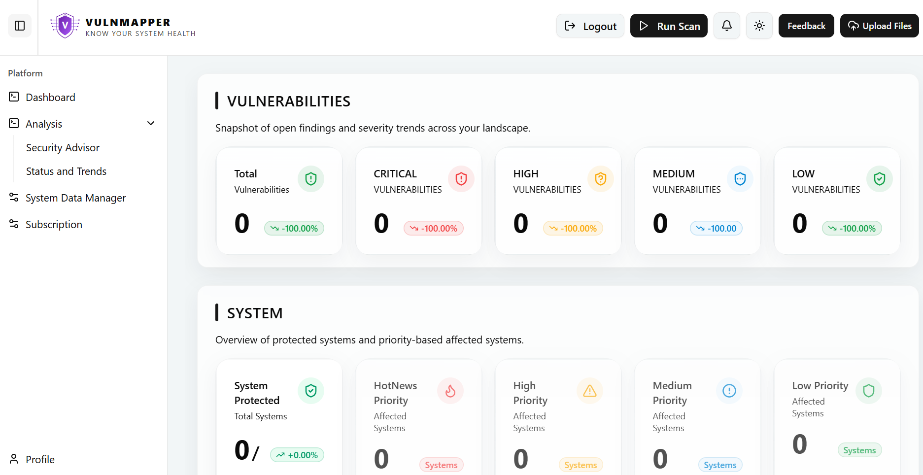 VulnMapper dashboard with vulnerability and system summary cards in light mode