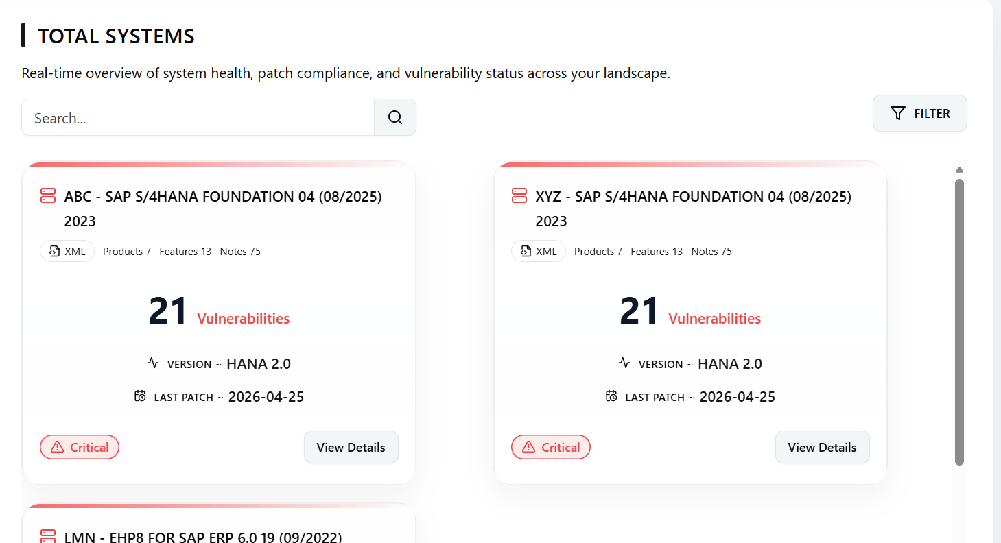 Total systems page with vulnerability cards and filtering controls