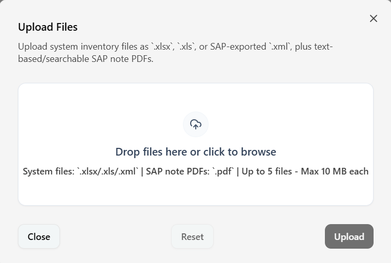 File upload modal for XML or XLS system inventory and SAP note PDFs