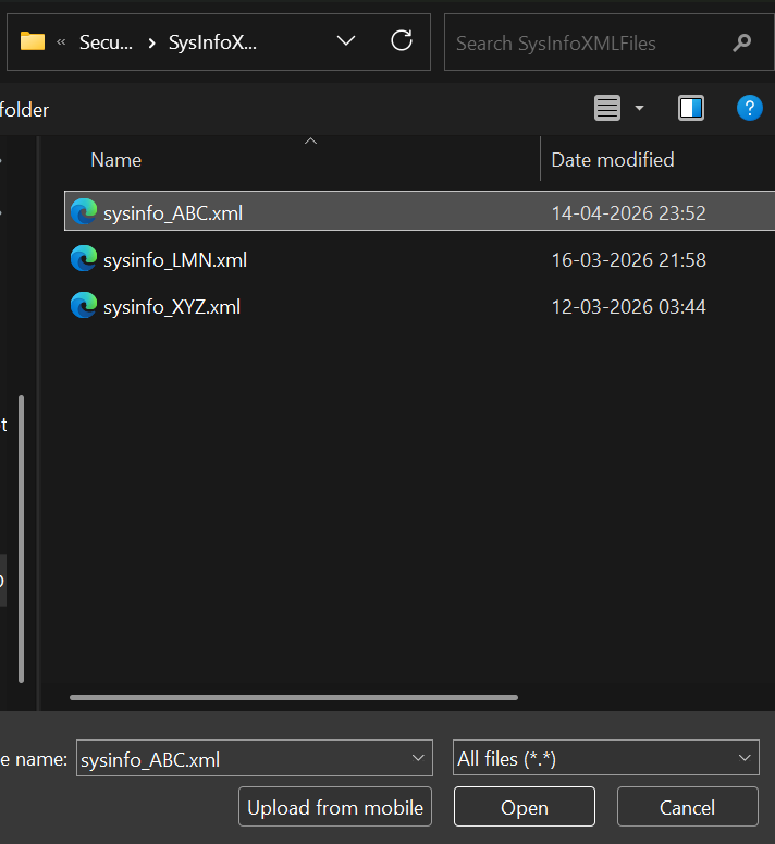 System file picker dialog selecting SAP system inventory XML files
