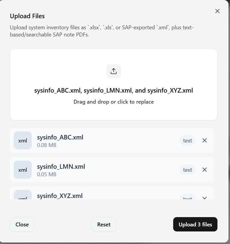 Upload modal showing selected XML files ready for scan